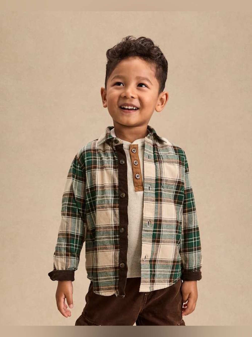 Gymboree 4T Boys Cream Brown green twill flannel button up fall